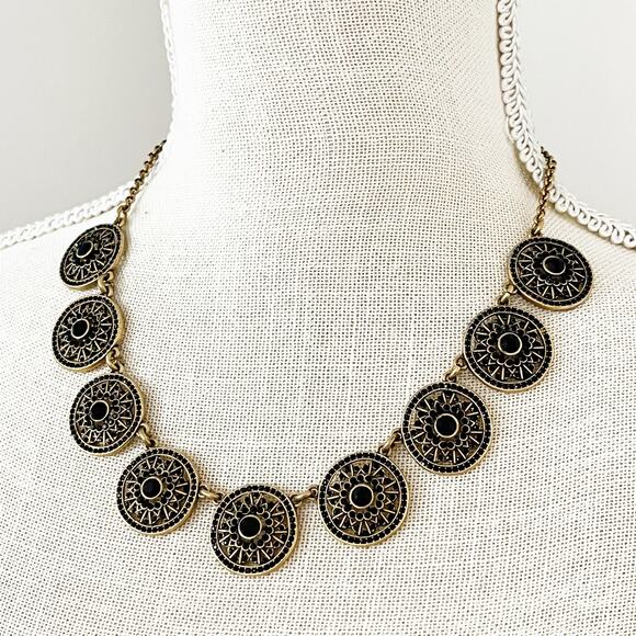 J. Crew Gold & Black Rhinestone Medallion Statement Necklace - Picture 6 of 7
